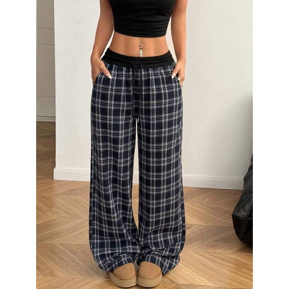 Women Drawstring Wide Leg Pants Elastic Waist Loose Fit Casual Vacation Lounge Trousers >