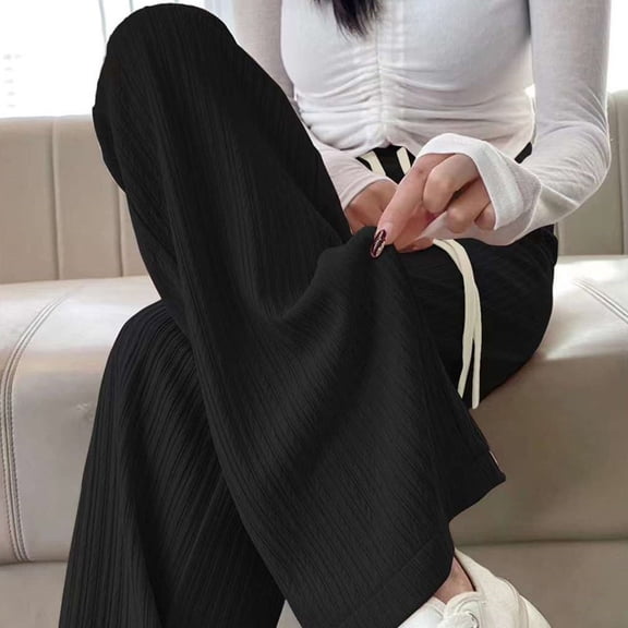 Women Drawstring Wide Leg Pants Long Trousers Elastic Waist Casual Basic Sports