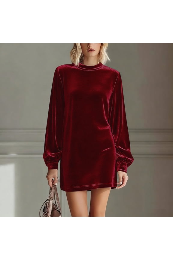 Women Dress, 2026 New Round Neck Long Puff Sleeve Velvet Mini Dress, Made of Soft Polyester Fabric, Elegant and Attractive for Parties, Weddings, and Special Occasions.