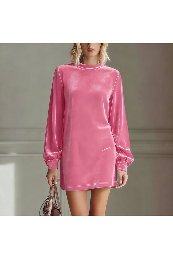 Women Dress, 2026 New Round Neck Long Puff Sleeve Velvet Mini Dress, Made of Soft Polyester Fabric, Elegant and Attractive for Parties, Weddings, and Special Occasions.