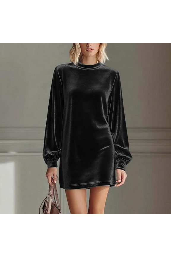 Women Dress, 2026 New Round Neck Long Puff Sleeve Velvet Mini Dress, Made of Soft Polyester Fabric, Elegant and Attractive for Parties, Weddings, and Special Occasions.