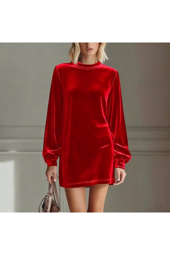 Women Dress, 2026 New Round Neck Long Puff Sleeve Velvet Mini Dress, Made of Soft Polyester Fabric, Elegant and Attractive for Parties, Weddings, and Special Occasions.