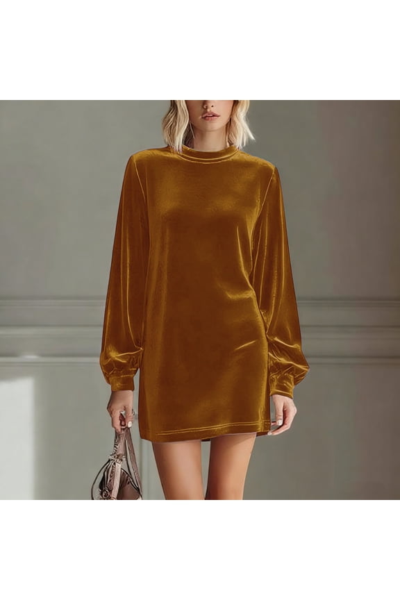 Women Dress, 2026 New Round Neck Long Puff Sleeve Velvet Mini Dress, Made of Soft Polyester Fabric, Elegant and Attractive for Parties, Weddings, and Special Occasions.