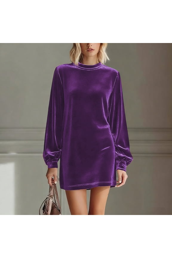 Women Dress, 2026 New Round Neck Long Puff Sleeve Velvet Mini Dress, Made of Soft Polyester Fabric, Elegant and Attractive for Parties, Weddings, and Special Occasions.