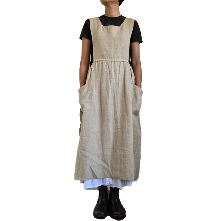 Women Dress Casual Loose Solid Pinafore Long Straps Apron Cotton Linen  Overall Dresses with Pockets