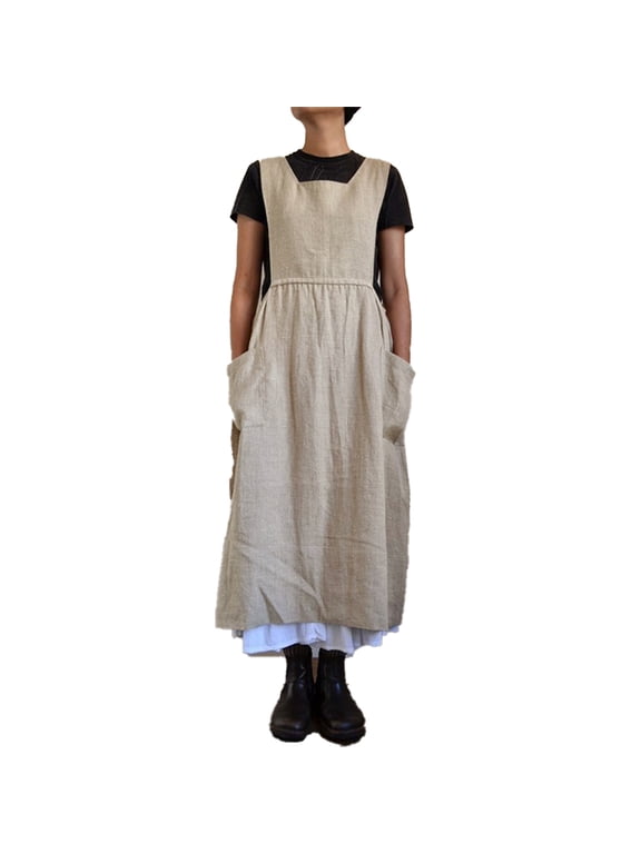 Women Dress Casual Loose Solid Pinafore Long Straps Apron Cotton Linen Overall Dresses with Pockets