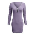 thumbnail image 1 of Women Dress Casual Solid Knit Dress Zipper V-Neck Long Sleeve Mini Slim Pullover Dress, 1 of 6