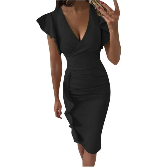 Women Dress Clearance! Zpanxa Summer Dress Women Casual V-neck Solid Slimming Ruffle Hem Ruched Sleeveless Dress Dresses for Women Black L