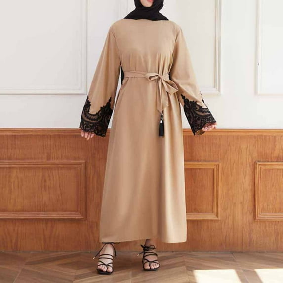 Women Dress Crew Neck Long Sleeve Pullover Summer Casual Maxi Dress With Belt Elegant Abaya Evening Gown Dresses for Women 5x Instant Hijab Two Piece Dress Formal Dresses for Women Fancy plus Size