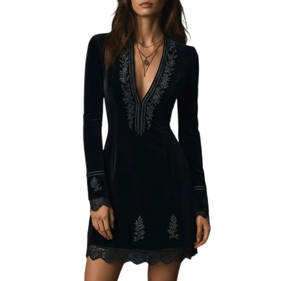Women Dress Elegant Long Sleeve Bodycon Dress V-neck Velvet Embroidery Splice Lace Dress Fashion Splicing Sexy Party Mini Dresses