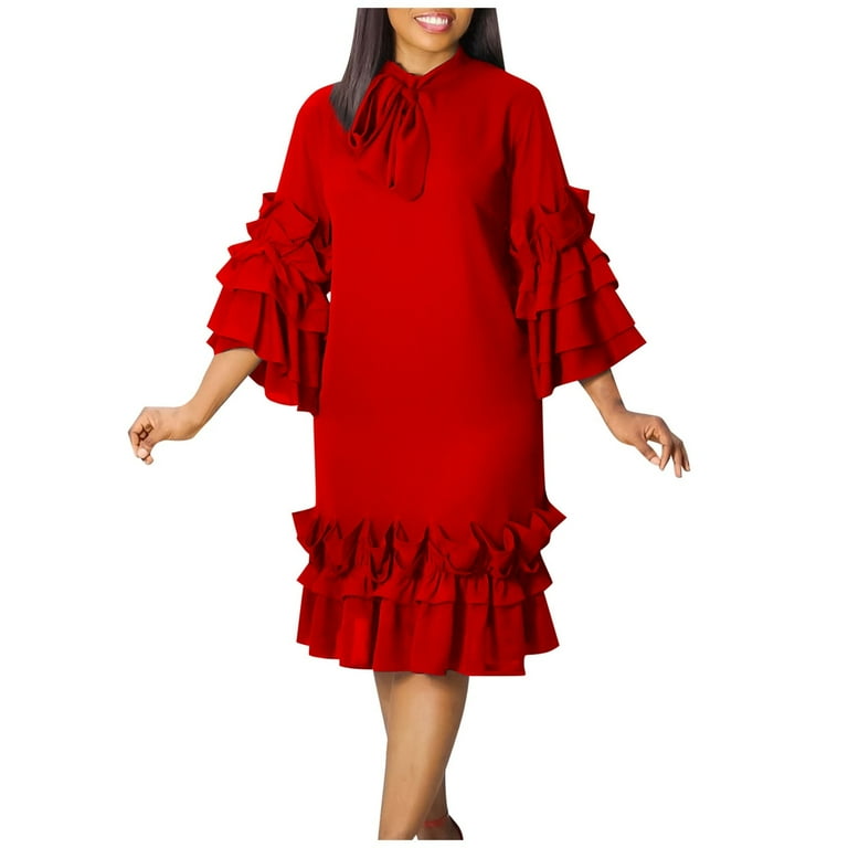 Women Dress Fashion Casual Ruffle Hem Flare Sleeve Plus Size Maxi Dress