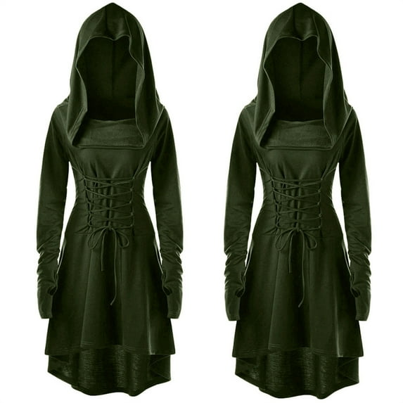 Women Dress Lace Up Hooded Vintage Pullover Dress High Low Bandage Long Slim Dress Cloak