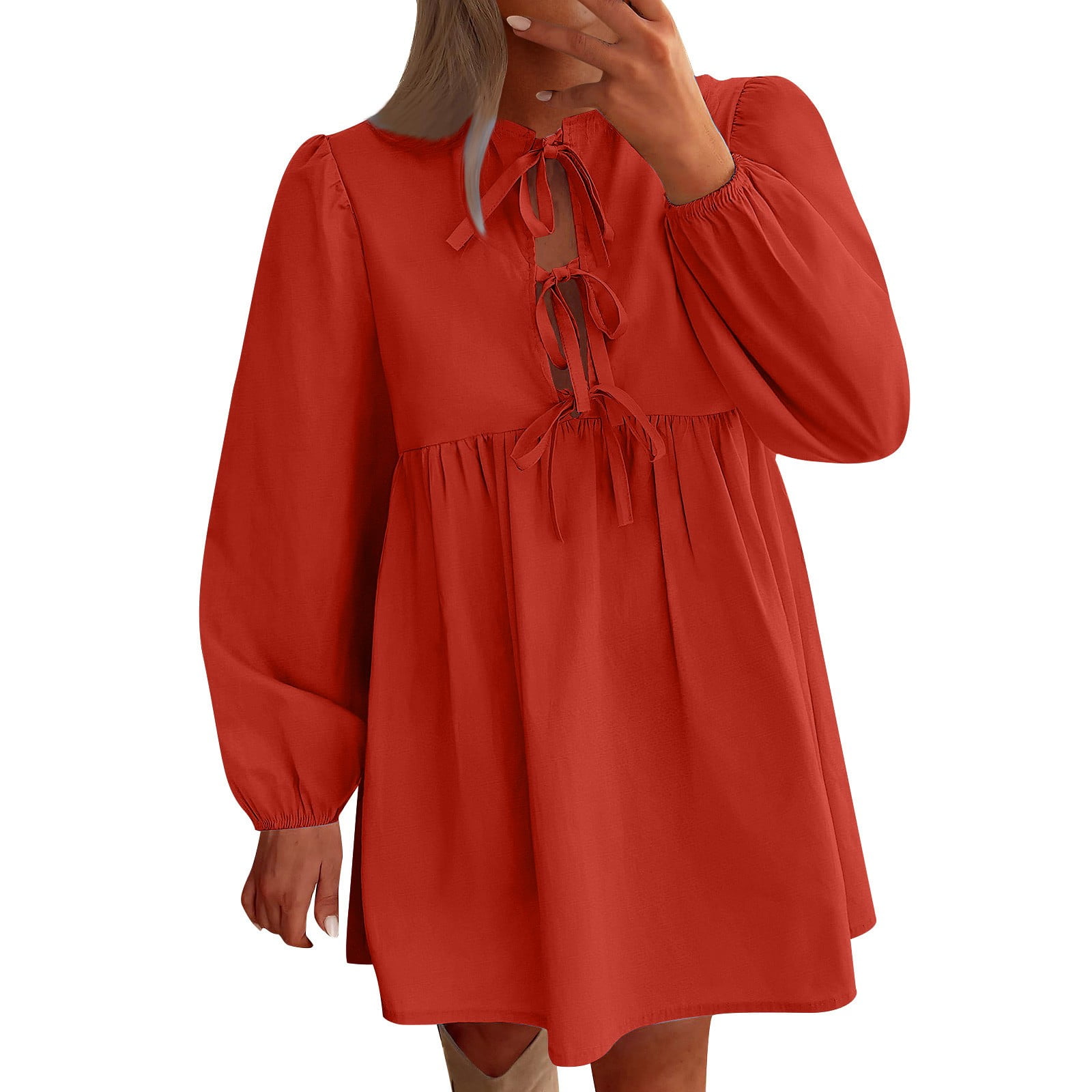 Xunlbb Women Dress Ladies' Cute Oversized European and Round Neck Long Sleeves Loose Casual Comfortable Waist Cinching Dress Knee Length Flattering