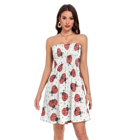 Women Dress Ladybugs on White Rose Pattern A-Lin Casual Dress