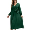 thumbnail image 1 of Women Dress Lantern Sleeve High Waist Belted Pleated Wrap V Neck Dress for Winter Fall Lady Girls Green S, 1 of 6