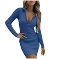 thumbnail image 1 of Women Dress Long Sleeve Lapel Zipper Knit Ribbed Mini Tight Dress Solid Color Slim Fit Short Pencil Dress Clubwear, 1 of 6