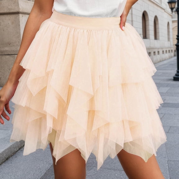 Women Dress Mesh Skirt Beige Tutu Skirts Layered Puffy Fairy Skirt Shiny Skirt