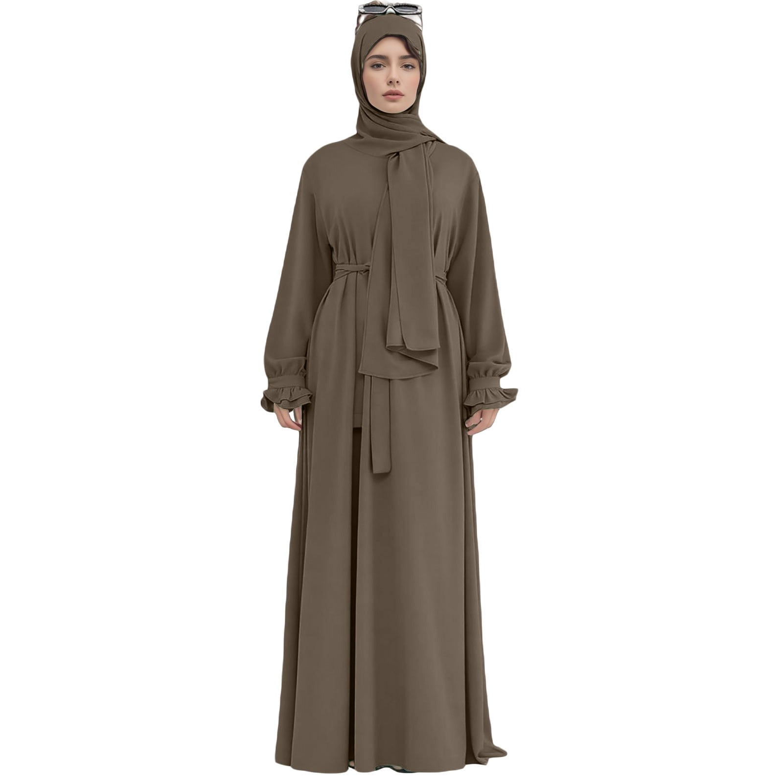 Women Dress Middle East Arabian Robe Modest Dress with Hijab Scarf Lace Sleeve Flowy Abaya Dress/Coffee/L, Women's, Size: Large