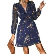Women Dress Mini Dresses Floral Lady Long Sleeve Chiffon A-line V-neck Elegant Loungewear Cogild