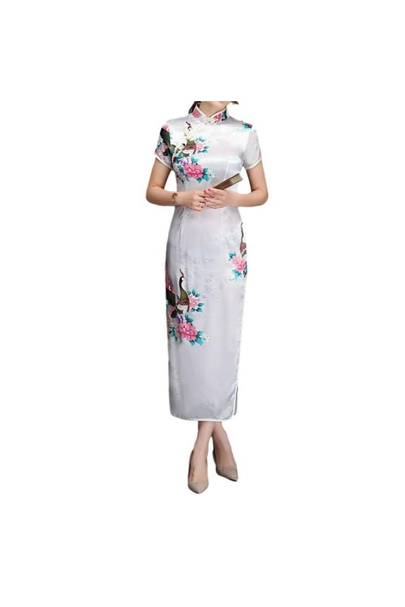 Women Dress New Year Chinese Style Event Short Sleeve Retro Long Cheongsam Lady
