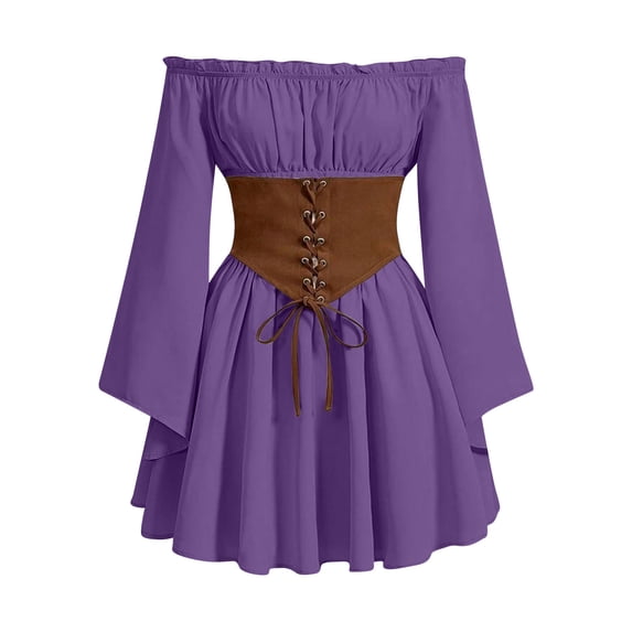 Women Dress Off Shoulder Renaissance Costume Corset Dresses Bell Sleeve for Fairy Goth Halloween Medieval Party, S