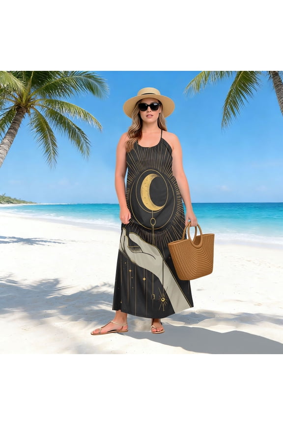 Women Dress Oversize Style Open-Back Design-A Hand with Moon Patterng