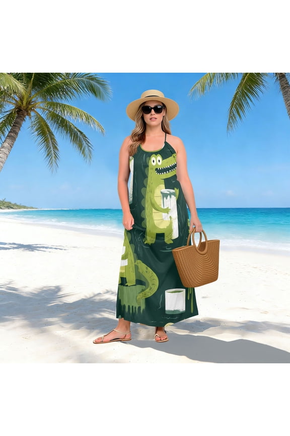 Women Dress Oversize Style Open-Back Design-Alligator Paint Bucket Pattern Patterng