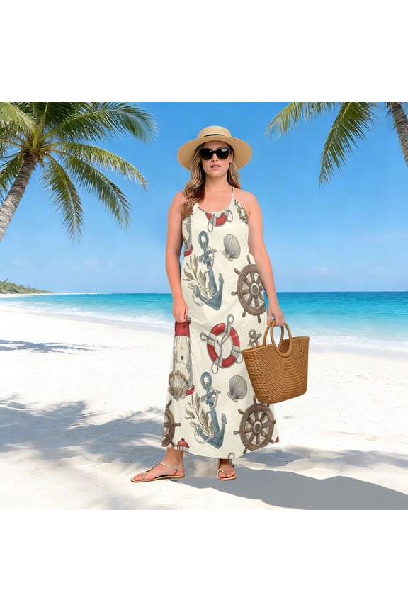 Women Dress Oversize Style Open-Back Design-Anchor Lighthouse Shellfish Pattern Patterng
