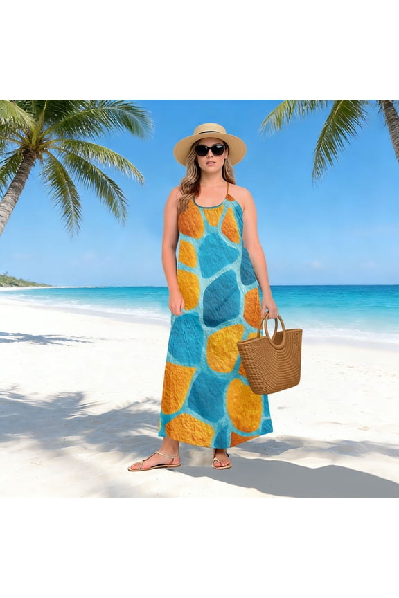 Women Dress Oversize Style Open-Back Design-Blue Background Giraffe Pattern Patterng