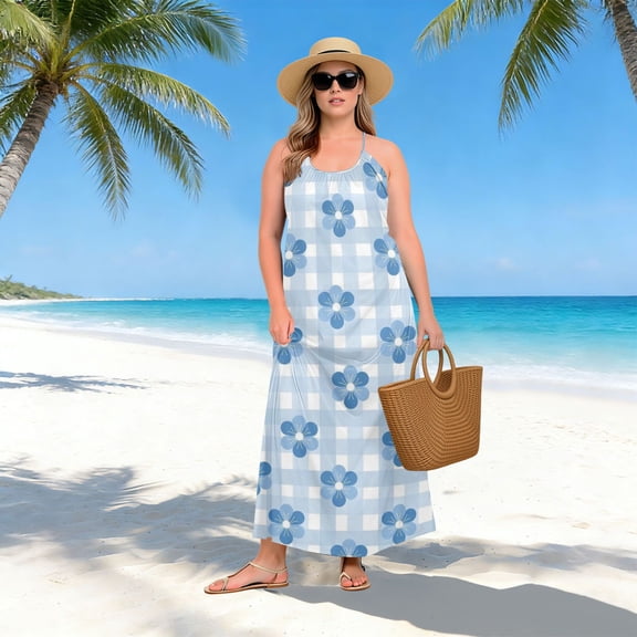 Women Dress Oversize Style Open-Back Design-Blue Flowers Gingham Patterngg507243799p1252c1323s3155