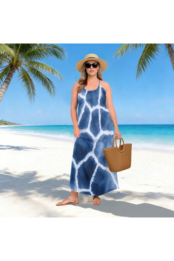 Women Dress Oversize Style Open-Back Design-Blue Giraffe Pattern Patterng