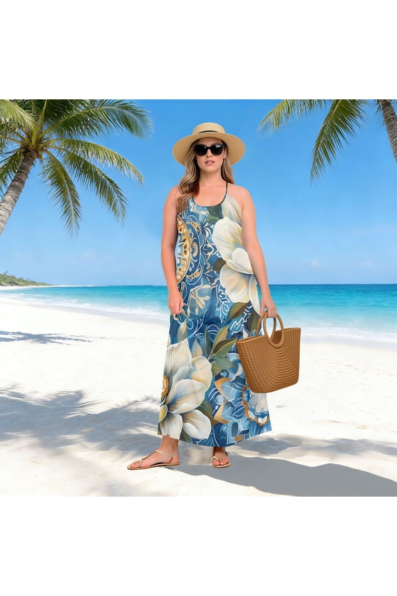 Women Dress Oversize Style Open-Back Design-Blue Yellow Gardenia Datura Pattern Patterng