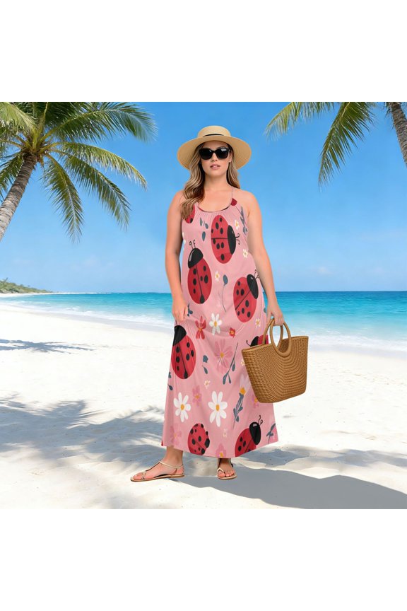 Women Dress Oversize Style Open-Back Design-Bold Pink Ladybug Patterngg507251742p1252c1323s3157