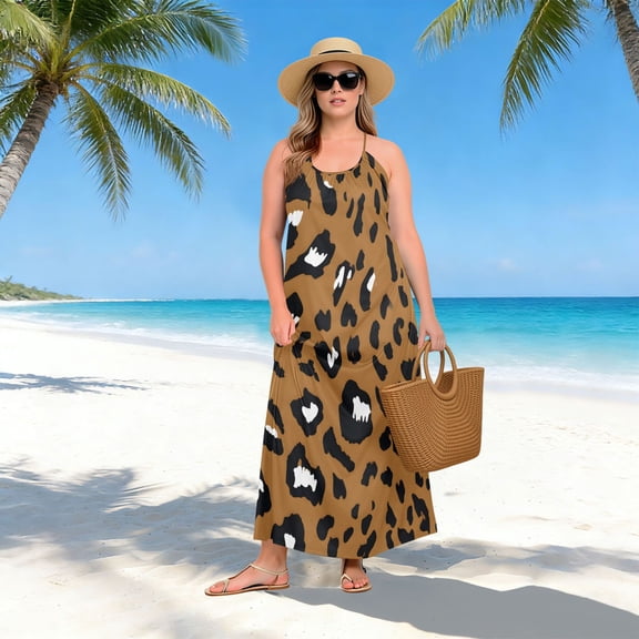 Women Dress Oversize Style Open-Back Design-Brown Leopard Print Pattern Patterng