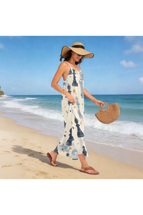 Women Dress Oversize Style Open-Back Design-Chess Silhouette Pattern Patterng