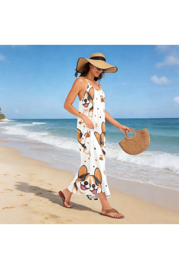 Women Dress Oversize Style Open-Back Design-Corgi Paw Prints Pattern Patterng