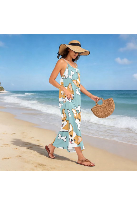 Women Dress Oversize Style Open-Back Design-Corgi Puppy White Bones Pattern Patterng