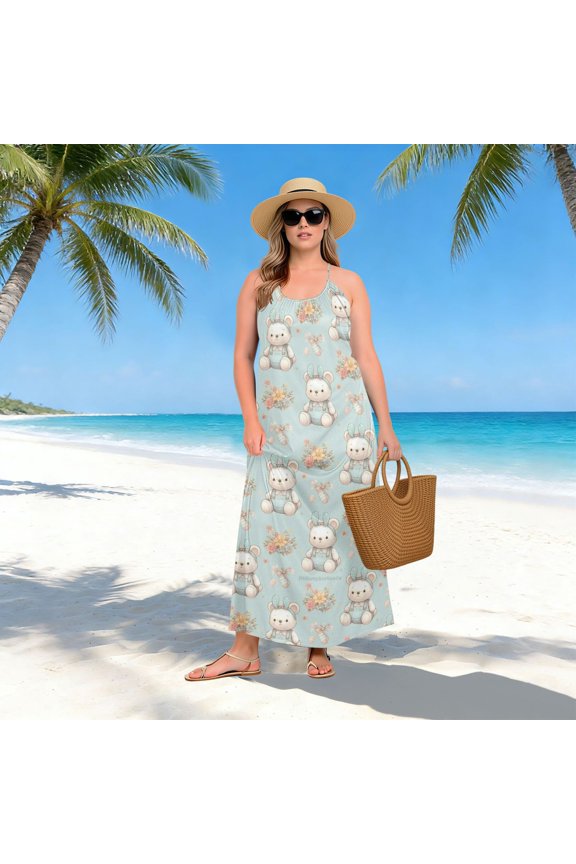 Women Dress Oversize Style Open-Back Design-Cute Bears on Light Blue Patterngg507268416p1252c1323s3159