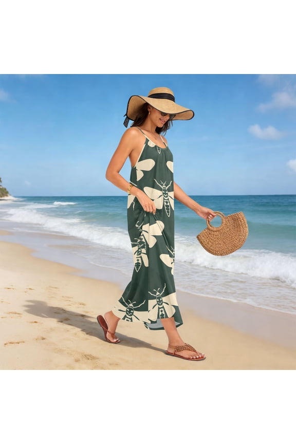 Women Dress Oversize Style Open-Back Design-Dark Green Moths Pattern Patterng