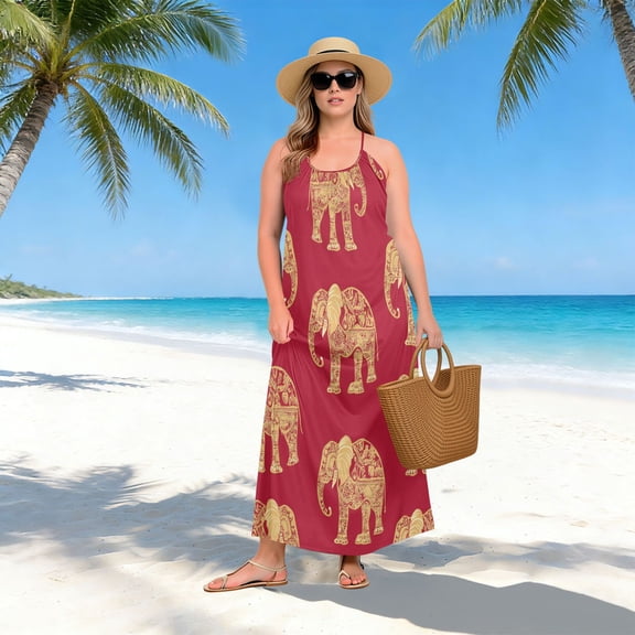 Women Dress Oversize Style Open-Back Design-Elephant Elegance on Red Patterngg507273386p1252c1323s3155