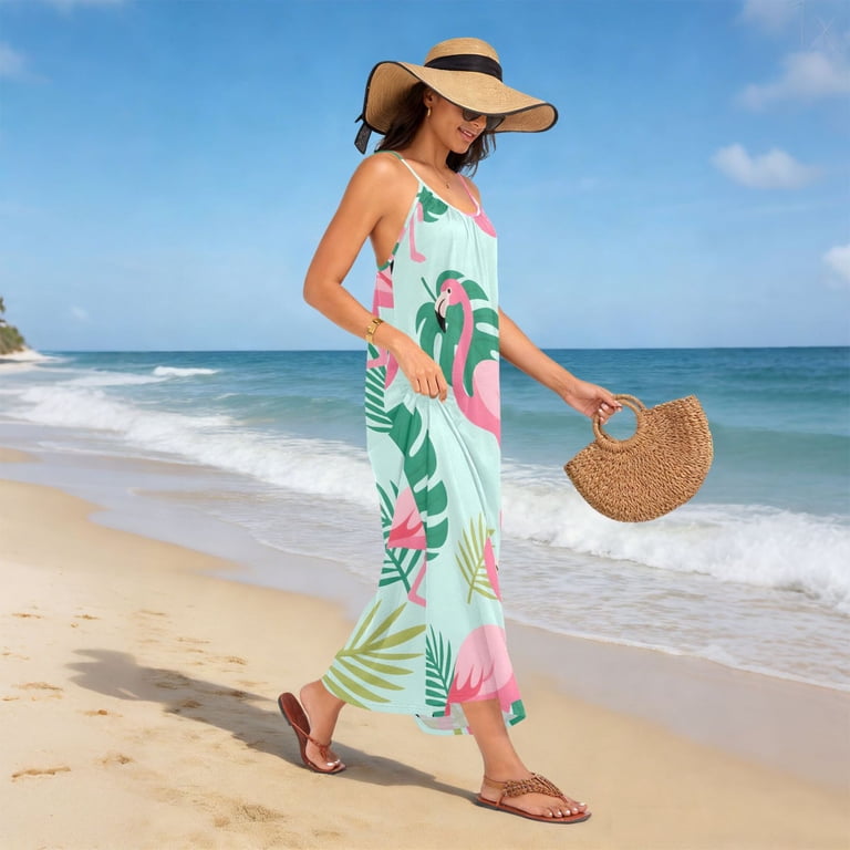 flamingo beach dress Women Oversize Style Open-Back Design-Flamingo Tropical Leaves Pattern Patterng Size:US48 Made in Hawaii 100% SX-shapewear-XS-6X Short Sleeve Black Formal