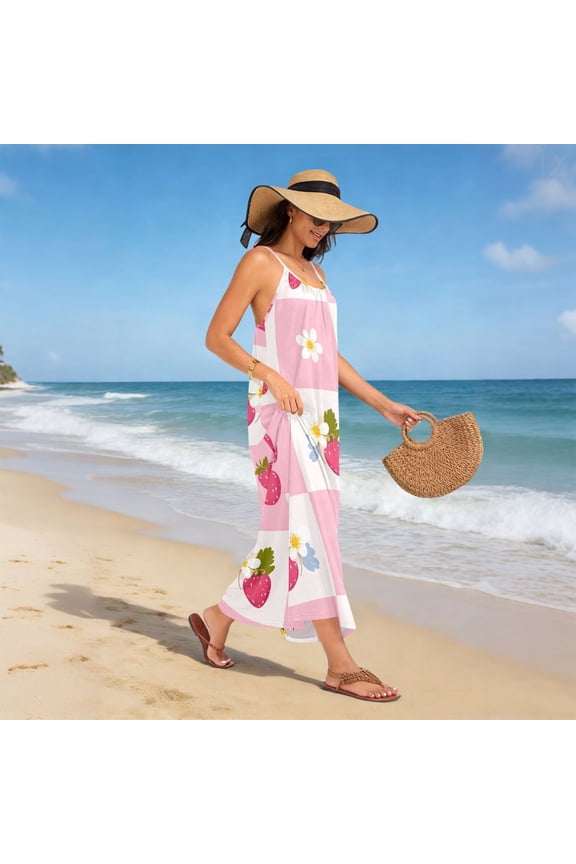Women Dress Oversize Style Open-Back Design-Flower Plaid Strawberry Pattern Patterng