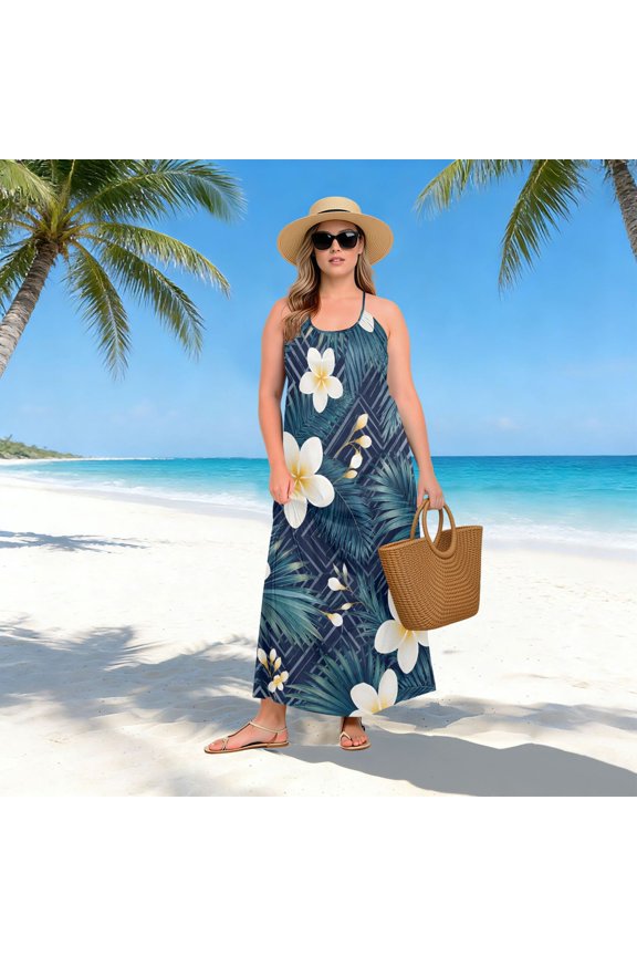 Women Dress Oversize Style Open-Back Design-Frangipani Patterng