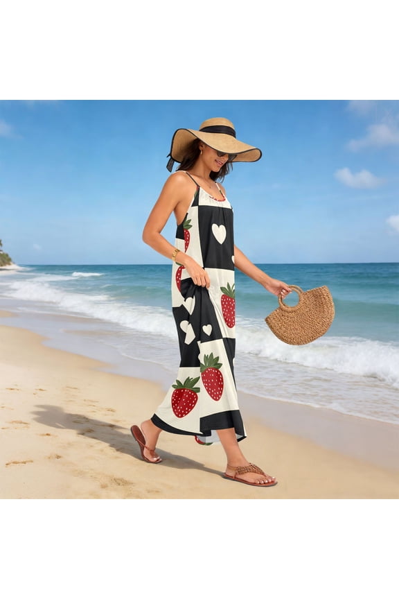 Women Dress Oversize Style Open-Back Design-Grid Strawberry Heart-shaped Pattern Patterng