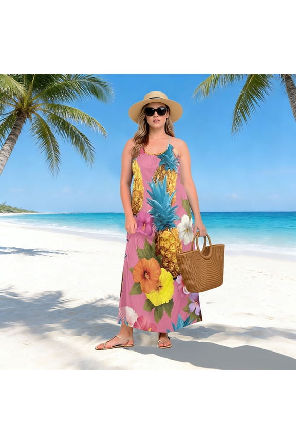Women Dress Oversize Style Open-Back Design-Hibiscus Flower Pineapple Pattern Patterng