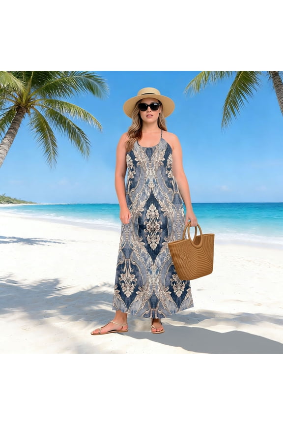 Women Dress Oversize Style Open-Back Design-Indigo Damask Bloom Patterngg507233257p1252c1323s3156