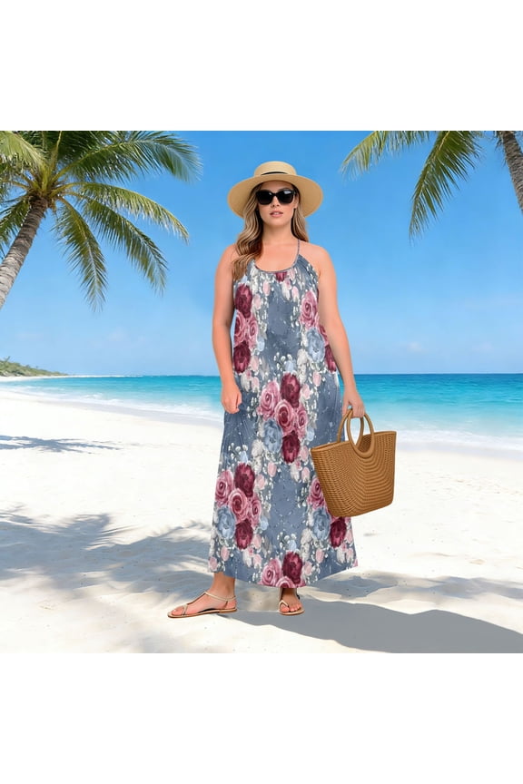 Women Dress Oversize Style Open-Back Design-Indigo Roses Patterngg507248302p1252c1323s3159