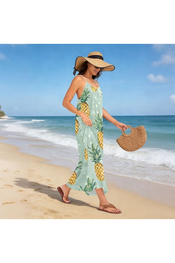 Women Dress Oversize Style Open-Back Design-Light Blue Pineapples Pattern Patterng