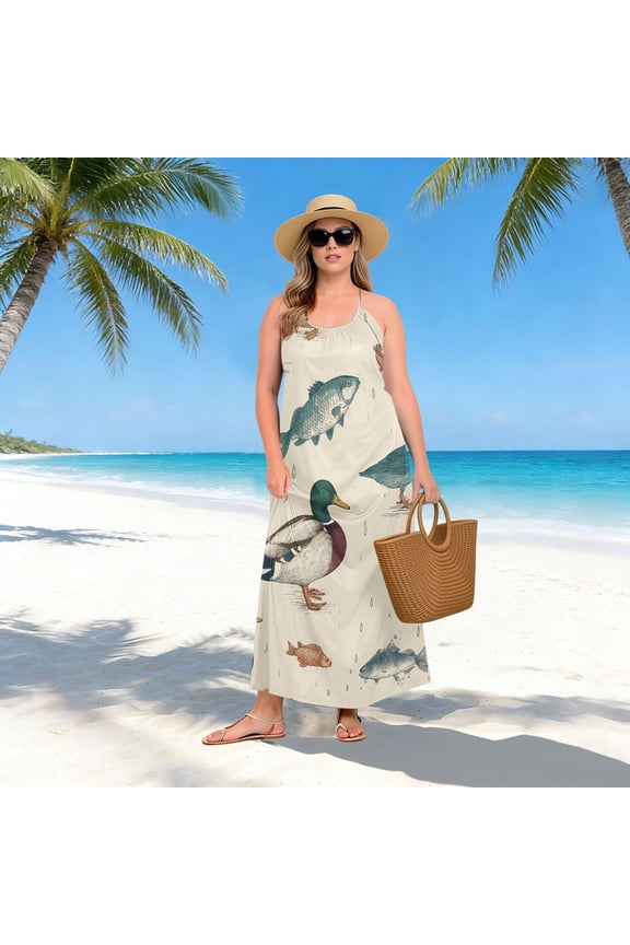 Women Dress Oversize Style Open-Back Design-Mallard Fish Pattern Patterng