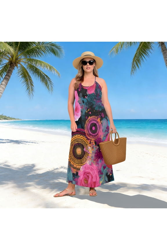 Women Dress Oversize Style Open-Back Design-Mandala Flower Spray Paint Pattern Patterng